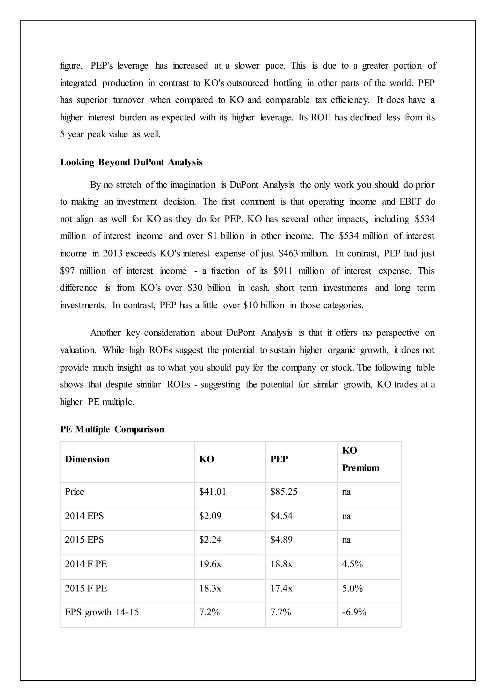 figure, PEP's leverage has increased at a slower pace. This is due to a greater portion of
integrated production in contrast to KO's outsourced bottling in other parts of the world. PEP
has superior turnover when compared to KO and comparable tax efficiency. It does have a
higher interest burden as expected with its higher leverage. Its ROE has declined less from its
5 year peak value as well.
Looking Beyond DuPont Analysis
By no stretch of the imagination is DuPont Analysis the only work you should do prior
to making an investment decision. The first comment is that operating income and EBIT do
not align as well for KO as they do for PEP. KO has several other impacts, including $534
million of interest income and over $1 billion in other income. The $534 million of interest
income in 2013 exceeds KO's interest expense of just $463 million. In contrast, PEP had just
$97 million of interest income - a fraction of its $911 million of interest expense. This
difference is from KO's over $30 billion in cash, short term investments and long term
investments. In contrast, PEP has a little over $10 billion in those categories.
Another key consideration about DuPont Analysis is that it offers no perspective on
valuation. While high ROEs suggest the potential to sustain higher organic growth, it does not
provide much insight as to what you should pay for the company or stock. The following table
shows that despite similar ROEs - suggesting the potential for similar growth, KO trades at a
higher PE multiple.
PE Multiple Comparison
Dimension KO PEP
KO
Premium
Price $41.01 $85.25 na
2014 EPS $2.09 $4.54 na
2015 EPS $2.24 $4.89 na
2014 F PE 19.6x 18.8x 4.5%
2015 F PE 18.3x 17.4x 5.0%
EPS growth 14-15 7.2% 7.7% -6.9%
 