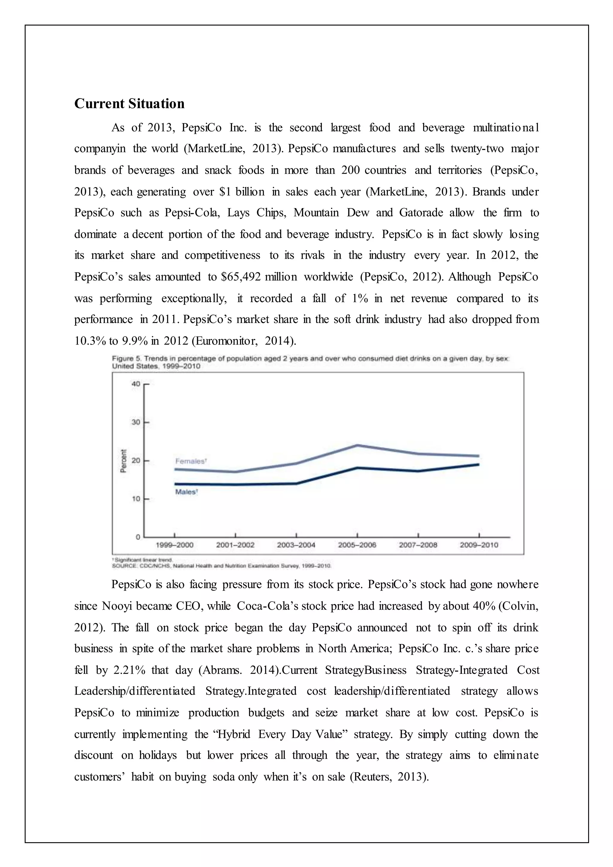 Current Situation
As of 2013, PepsiCo Inc. is the second largest food and beverage multinational
companyin the world (MarketLine, 2013). PepsiCo manufactures and sells twenty-two major
brands of beverages and snack foods in more than 200 countries and territories (PepsiCo,
2013), each generating over $1 billion in sales each year (MarketLine, 2013). Brands under
PepsiCo such as Pepsi-Cola, Lays Chips, Mountain Dew and Gatorade allow the firm to
dominate a decent portion of the food and beverage industry. PepsiCo is in fact slowly losing
its market share and competitiveness to its rivals in the industry every year. In 2012, the
PepsiCo’s sales amounted to $65,492 million worldwide (PepsiCo, 2012). Although PepsiCo
was performing exceptionally, it recorded a fall of 1% in net revenue compared to its
performance in 2011. PepsiCo’s market share in the soft drink industry had also dropped from
10.3% to 9.9% in 2012 (Euromonitor, 2014).
PepsiCo is also facing pressure from its stock price. PepsiCo’s stock had gone nowhere
since Nooyi became CEO, while Coca-Cola’s stock price had increased by about 40% (Colvin,
2012). The fall on stock price began the day PepsiCo announced not to spin off its drink
business in spite of the market share problems in North America; PepsiCo Inc. c.’s share price
fell by 2.21% that day (Abrams. 2014).Current StrategyBusiness Strategy-Integrated Cost
Leadership/differentiated Strategy.Integrated cost leadership/differentiated strategy allows
PepsiCo to minimize production budgets and seize market share at low cost. PepsiCo is
currently implementing the “Hybrid Every Day Value” strategy. By simply cutting down the
discount on holidays but lower prices all through the year, the strategy aims to eliminate
customers’ habit on buying soda only when it’s on sale (Reuters, 2013).
 