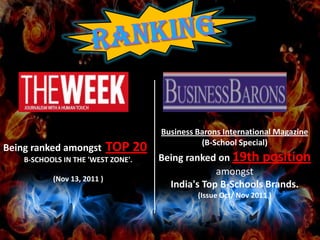 Business Barons International Magazine
                                                (B-School Special)
B
‎ eing ranked amongst        TOP 20
    B-SCHOOLS IN THE 'WEST ZONE'.     Being ranked on 19th position
                                                   amongst
           (Nov 13, 2011 )
                                        India's Top B-Schools Brands.
                                               (Issue Oct/ Nov 2011 )
 
