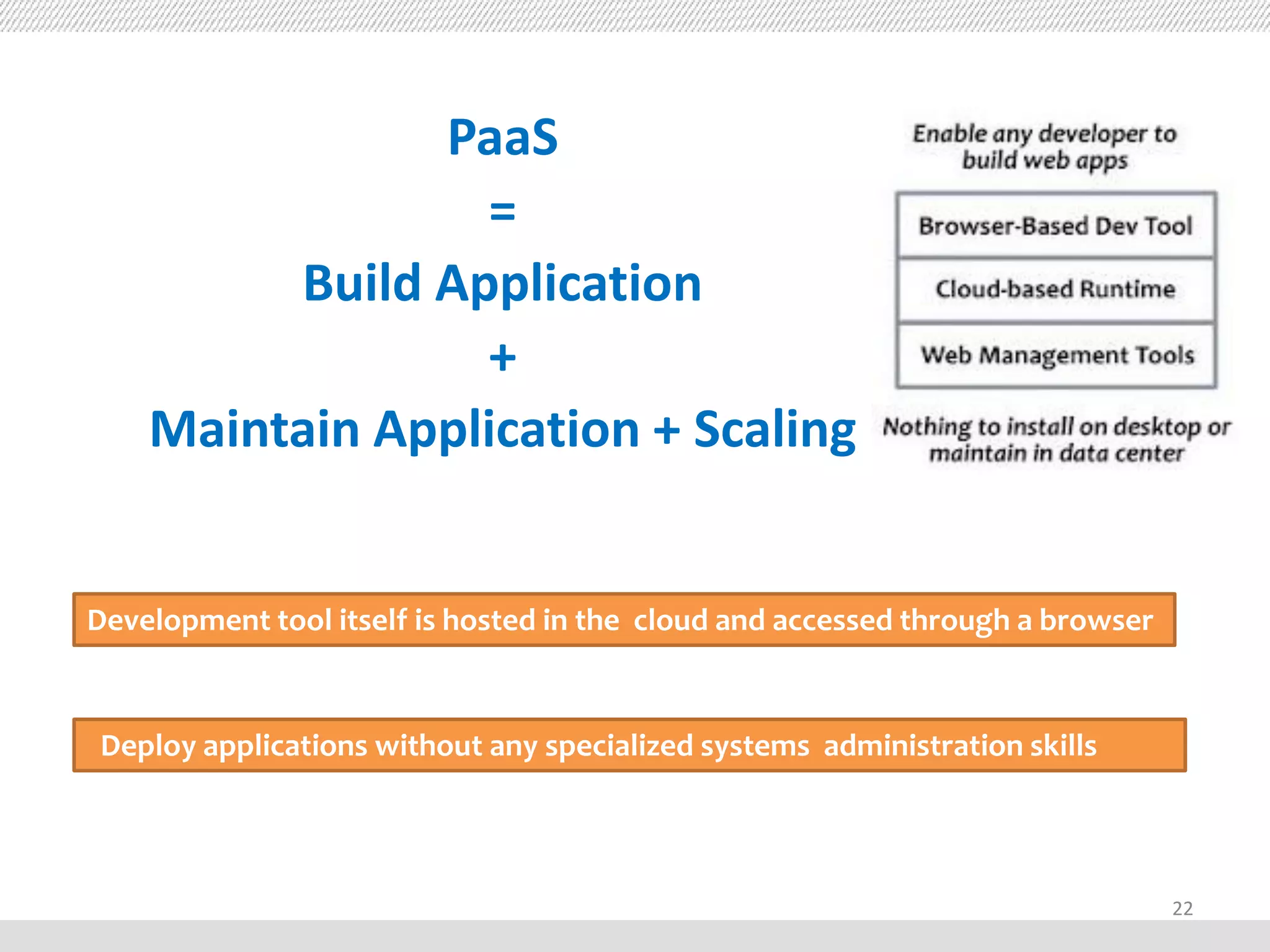 PaaS
                 =
         Build Application
                 +
    Maintain Application + Scaling


Development tool itself is hosted in the cloud and accessed through a browser


Deploy applications without any specialized systems administration skills




                                                                                22
 