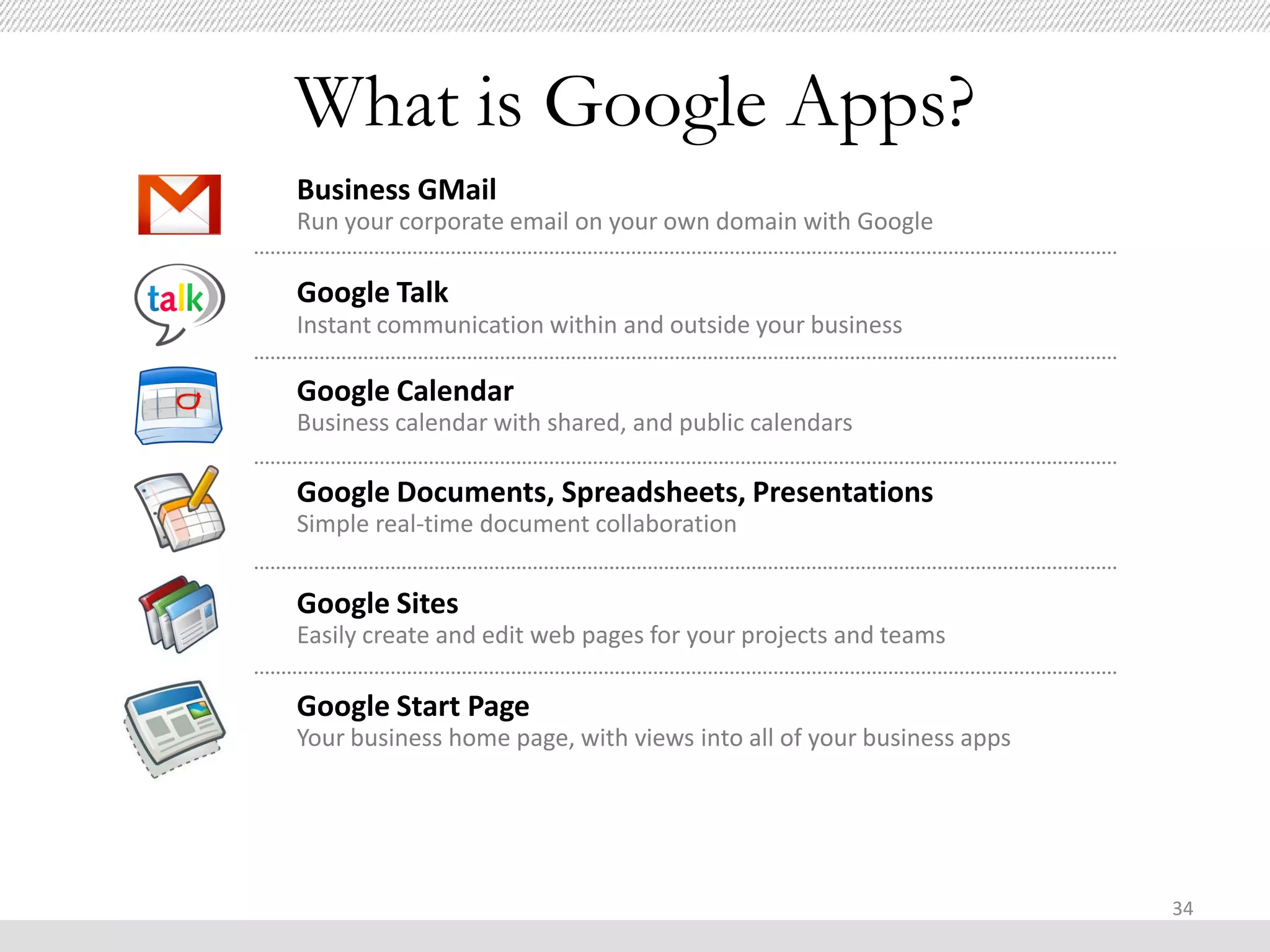 What is Google Apps?
Business GMail
Run your corporate email on your own domain with Google

Google Talk
Instant communication within and outside your business

Google Calendar
Business calendar with shared, and public calendars

Google Documents, Spreadsheets, Presentations
Simple real-time document collaboration


Google Sites
Easily create and edit web pages for your projects and teams

Google Start Page
Your business home page, with views into all of your business apps




                                                                     34
 