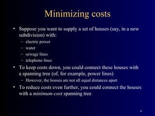 Minimizing costs Suppose you want to supply a set of houses (say, in a new subdivision) with: electric power water sewage lines telephone lines To keep costs down, you could connect these houses with a spanning tree (of, for example, power lines) However, the houses are not all equal distances apart To reduce costs even further, you could connect the houses with a  minimum-cost  spanning tree 