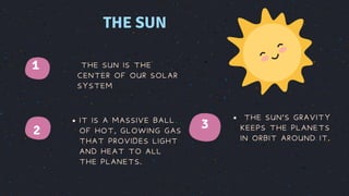 THE SUN
1
3
2
THE SUN IS THE
CENTER OF OUR SOLAR
SYSTEM
IT IS A MASSIVE BALL
OF HOT, GLOWING GAS
THAT PROVIDES LIGHT
AND HEAT TO ALL
THE PLANETS.
THE SUN'S GRAVITY
KEEPS THE PLANETS
IN ORBIT AROUND IT.
 