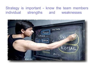 Strategy is important - know the team members
individual   strengths    and   weaknesses
 