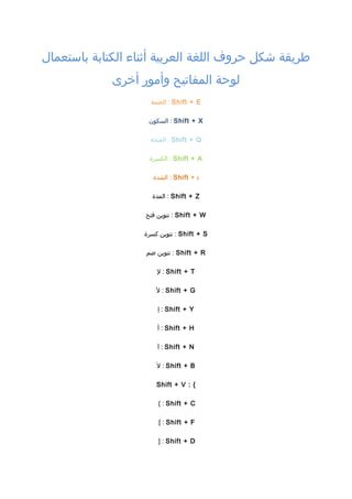 طريقة شكل حروف اللغة العربية أثناء الكتابة باستعمال 
لوحة المفاتيح وأمور أخرى 
الضمة : Shift + E 
السكون : Shift + X 
الفتحة : Shift + Q 
الكسرة : Shift + A 
الشدة : Shift + ذ 
المدة : Shift + Z 
تنوين فتح : Shift + W 
تنوين كسرة : Shift + S 
تنوين ضم : Shift + R 
ل : Shift + T 
ل : Shift + G 
إ : Shift + Y 
أ : Shift + H 
آ : Shift + N 
ل : Shift + B 
Shift + V : { 
{ : Shift + C 
[ : Shift + F 
] : Shift + D 
 