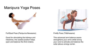 Manipura Yoga Poses
Full Boat Pose (Paripurna Navasana)
Good for stimulating the kidneys and
intestines, this seated position helps
open and balance the third chakra.
Firefly Pose (Tittibhasana)
This advanced arm balance asana
strengthens your arms while toning
your core to activate and balance the
solar plexus energy center.
 