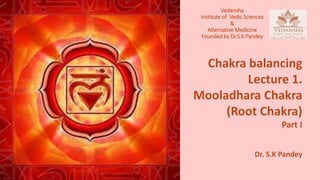 Vedansha
Institute of Vedic Sciences
&
Alternative Medicine
Founded by Dr.S.K.Pandey
Chakra balancing
Lecture 1.
Mooladhara Chakra
(Root Chakra)
Part I
Dr. S.K Pandey
 