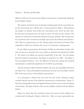 Chapter 7. Results and Discussion
diﬀerence between the natural and artiﬁcial conversations is statistically signiﬁcant
for the Quality Maxim.
The number of coherent turns of utterance-exchange pairs of the conversation un-
til the conversations goes ”oﬀ the rails” is also presented in Table 5. This indicated
the number of coherent turns before the conversation veers oﬀ for the ﬁrst time.
Several such conversations may veer back on course, but those are not counted. The
objective is to keep the conversation coherent as long as possible. The average num-
ber of coherent turns of utterance-exchange pairs across all artiﬁcial conversations is
5.88. This is an improvement over the winning chatter bots from the Loebner Prize
competition, which were coherent only across 1 or 2 utterance exchange pairs.
For the follow up percentage, the fraction of follow up sub-contexts (either ordi-
nary utterances or questions) for every context is calculated and presented in Table
5. The chatter bot follows up correctly around 86% of the time. For the human
generated natural conversations, this ﬁgure is assumed to be 100%. According to
the one-sampled Student’s t-test, the diﬀerence between the natural and artiﬁcial
conversations is statistically signiﬁcant for the follow up percentage.
The last column in Table 5 indicates whether the issue was sussesfully resolved by
the chatter bot. Across all artiﬁcial conversations, the issue was successfully resolved
89% of the times (42 out of 48 artiﬁcial conversations).
It is interesting to observe how the scores for each of the evaluation criteria
correlate with the success of the artiﬁcial conversation in resolving issues. Figure 7.1
shows the relationship between the Quality Maxim and the success of the 48 artiﬁcial
conversations. The ﬁgure indicates that success is highly correlated with the Quality
Maxim.
Figure 7.2, shows that the correlation between the success of the artiﬁcial con-
versation and the Quantity Maxim is fairly low. There are some unsuccessful con-
115
 