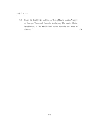 List of Tables
7.5 Scores for the objective metrics, i.e, Grice’s Quality Maxim, Number
of Coherent Turns, and Successful resolutions. The quality Maxim
is normalized by the score for the natural conversations, which is
always 5. . . . . . . . . . . . . . . . . . . . . . . . . . . . . . . . . . 121
xviii
 