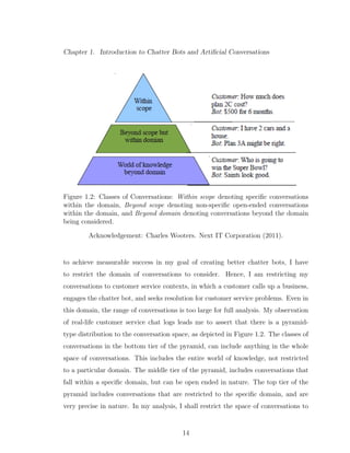 Chapter 1. Introduction to Chatter Bots and Artiﬁcial Conversations
Figure 1.2: Classes of Conversations: Within scope denoting speciﬁc conversations
within the domain, Beyond scope denoting non-speciﬁc open-ended conversations
within the domain, and Beyond domain denoting conversations beyond the domain
being considered.
Acknowledgement: Charles Wooters. Next IT Corporation (2011).
to achieve measurable success in my goal of creating better chatter bots, I have
to restrict the domain of conversations to consider. Hence, I am restricting my
conversations to customer service contexts, in which a customer calls up a business,
engages the chatter bot, and seeks resolution for customer service problems. Even in
this domain, the range of conversations is too large for full analysis. My observation
of real-life customer service chat logs leads me to assert that there is a pyramid-
type distribution to the conversation space, as depicted in Figure 1.2. The classes of
conversations in the bottom tier of the pyramid, can include anything in the whole
space of conversations. This includes the entire world of knowledge, not restricted
to a particular domain. The middle tier of the pyramid, includes conversations that
fall within a speciﬁc domain, but can be open ended in nature. The top tier of the
pyramid includes conversations that are restricted to the speciﬁc domain, and are
very precise in nature. In my analysis, I shall restrict the space of conversations to
14
 