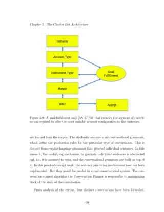 Chapter 5. The Chatter Bot Architecture
Figure 5.9: A goal-fulﬁllment map [58, 57, 60] that encodes the segment of conver-
sation required to oﬀer the most suitable account conﬁguration to the customer.
are learned from the corpus. The stochastic automata are conversational grammars,
which deﬁne the production rules for the particular type of conversation. This is
distinct from regular language grammars that proceed individual sentences. In this
research, the underlying mechanism to generate individual sentences is abstracted
out, i.e., it is assumed to exist, and the conversational grammars are built on top of
it. In this proof-of-concept work, the sentence producing mechanisms have not been
implemented. But they would be needed in a real conversational system. The con-
versation control algorithm the Conversation Planner is responsible to maintaining
track of the state of the conversation.
From analysis of the corpus, four distinct conversations have been identiﬁed.
69
 