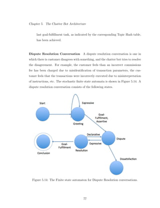 Chapter 5. The Chatter Bot Architecture
last goal-fulﬁllment task, as indicated by the corresponding Topic Hash table,
has been achieved.
Dispute Resolution Conversation A dispute resolution conversation is one in
which there is customer disagrees with something, and the chatter bot tries to resolve
the disagreement. For example, the customer feels than an incorrect commissions
fee has been charged due to misidentiﬁcation of transaction parameters, the cus-
tomer feels that the transactions were incorrectly executed due to misinterpretation
of instructions, etc. The stochastic ﬁnite state automata is shown in Figure 5.14. A
dispute resolution conversation consists of the following states.
Figure 5.14: The Finite state automaton for Dispute Resolution conversations.
77
 