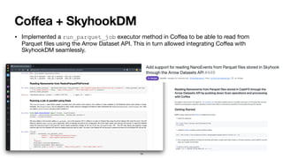 Coffea + SkyhookDM
• Implemented a run_parquet_job executor method in Co
ff
ea to be able to read from
Parquet
fi
les using the Arrow Dataset API. This in turn allowed integrating Co
ff
ea with
SkyhookDM seamlessly.
14
 