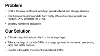 Problem
• CPU is the new bottleneck with high speed network and storage devices.

• Client-side processing of data from highly e
ffi
cient storage formats like
Parquet, ORC exhausts the CPUs.

• Severely hampered scalability.
• O
ffl
oad computation from client to the storage layer.

• Take advantage of the idle CPUs of storage systems for increased processing
rates and faster queries.

• Results in less data movement and network tra
ffi
c.
Our Solution
3
 