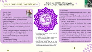 • Energia: Oxalá
• Dia: Domingo
• Astro: Sol
• Glândula: Pineal - governa parte superior do cérebro;
• Plexo: Sistema piramidal do córtex cerebral;
• Elemento: Espírito;
• Corpo áurico: Átmico (Espírito Essência ou Centelha
Divina)
• Associação: "Mundo espiritual e à ligação com o
divido.
• Função: Irradiar a consciência humana pra que ela se
conecte com a Energia Divina, assimilando-a e
canalizado-a para os demais chakras físicos.
Transcendência e o desejo de continuidade da
experiência"
• Princípio básico: Ser puro
• Correspondência física: Parte superior do cérebro.
• Qualidades
-Positivas: Percepção além do tempo e do espaço e abre a
consciência para o infinito;
-Negativas: Alienação, Confusão, Depressão e Falta de
Inspiração.
• Portal da Espiritualidade, reconhecimento de Deus
em nós e nos do outros;
• É o grande receptor e distribuidor das energias
espirituais;
• Não tem correspondente em nenhum Plexo nervoso
no corpo físico;
• Através do Coronário as energias espirituais atingem
todos os chakras, e, por outro lado, as energias
emanadas dos outros chakras o atingem diretamente;
• Emana as energias de sustentação do sistema nervoso
sendo o responsável pela alimentação das células do
pensamento;
• Propícia a transmutação e transcendência da matéria;
• Constituição: 1000 pétalas infinitos níveis de
capacidade de sentir
• Localização: Alto da cabeça
• Cor: Violeta. Brilha com todas as cores do arco-
íris, mas a cor predominante é o violeta;
• Forma geométrica: Losango;
• Lótus de Mil Folhas, pode ser o mais
significativo em razão do seu alto potencial de
radiações, de vez que nele assenta a ligação
com a mente, fulgurante sede da consciência;
Nome Sânscrito: SAHASRARA
significa: "Multiplicado por mil
O QUE É O CHAKRA CORONÁRIO?
designed by Orlando
fotos retiradas da
 
