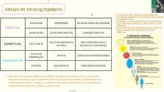 MENTAL
ANSIEDADE DEPRESSÃO FALTA DE FORÇA DE VONTADE
ALIENAÇÃO CONFUSÃO MENTAL CANSAÇO MENTAL
ESPIRITUAL FALTA DE FÉ
FALTA DE PROPOSITO
NA VIDA
SEM CONEXÃO COM O
DIVINO OU FANATISMO
EMOCIONAL
FALTA DE
INSIPIRAÇÃO
APATIA CONFLITOS INTERNOS SÉRIOS
ESTRESSE ISOLAMENTO SARCASMO EXCESSIVO
SINAIS DE DESEQUILIBRIOS
• Coronário: Através desse chakra que a entidade manipula nosso sistema nervoso central e dá a
forma de como ela é, e quer se apresentar (Curvada, em pé, torta, sentada). Também é por esse
chakra que temos nossas intuições , o recebimento das comunicação espirituais ( clariaudiência),
aonde podemos escutar sons, palavras, ruídos e vozes.
• O sistema de chakras distribui o
fluxo de prana ou energia por todo
o corpo sutil.
• Chakra é uma palavra em sânscrito
que significa roda, círculo ou até
vórtice
• são centros de energia que servem
para absorver a energia vital
(prana)
designed by Orlando
fotos retiradas da
 
