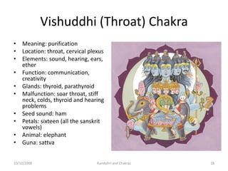 Vishuddhi (Throat) Chakra
• Meaning: purification
• Location: throat, cervical plexus
• Elements: sound, hearing, ears,
  ...
