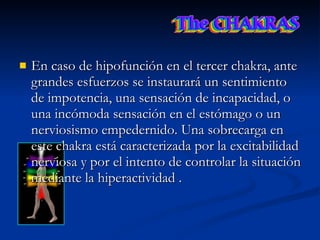 En caso de hipofunción en el tercer chakra, ante grandes esfuerzos se instaurará un sentimiento de impotencia, una sensación de incapacidad, o una incómoda sensación en el estómago o un nerviosismo empedernido. Una sobrecarga en este chakra está caracterizada por la excitabilidad nerviosa y por el intento de controlar la situación mediante la hiperactividad .   