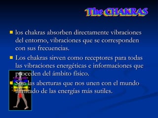 los chakras absorben directamente vibraciones del entorno, vibraciones que se corresponden con sus frecuencias.   Los chakras sirven como receptores para todas las vibraciones energéticas e informaciones que proceden del ámbito físico.  Son las aberturas que nos unen con el mundo ilimitado de las energías más sutiles. 