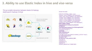 3. Ability to use Elastic Index in hive and vise-versa
This jar enable interaction between elastic & Hadoop
elasticsearch-hadoop-2.4.4.jar Sample Hive table:
CREATE EXTERNAL TABLE `noaa`(
`elevation` string COMMENT 'from deserializer',
`station_name` string COMMENT 'from deserializer',
`mindate` string COMMENT 'from deserializer',
`maxdate` string COMMENT 'from deserializer',
`station_id` string COMMENT 'from deserializer',
`location` string COMMENT 'from deserializer',
`elevationunit` string COMMENT 'from deserializer')
ROW FORMAT SERDE
'org.elasticsearch.hadoop.hive.EsSerDe'
STORED BY
'org.elasticsearch.hadoop.hive.EsStorageHandler'
WITH SERDEPROPERTIES (
'serialization.format'='1')
LOCATION
'hdfs://XXXXXX/noaa'
TBLPROPERTIES (
'COLUMN_STATS_ACCURATE'='{"BASIC_STATS":"true"}',
'es.nodes'=elasticserver',
'es.query'='?q=*',
'es.resource'='noaa_stations_data',
'numFiles'='0',
'numRows'='0',
'rawDataSize'='0',
'totalSize'='0',
'transient_lastDdlTime'='1490821856')
 