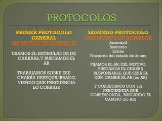 PRIMER PROTOCOLO
GENERAL
SIN MOTIVO DE CONSULTA
USAMOS EL ESTIMULADOR DE
CHAKRAS,Y BUSCAMOS EL
AR
TRABAJAMOS SOBRE ESE
CHAKRA DESEQUILIBRADO,
VIENDO QUE FRECUENCIA
LO CORRIGE
SEGUNDO PROTOCOLO
CON MOTIVO DE CONSULTA
Ansiedad
Insomnio
Estrés
Trastorno del estado de ánimo
FIJAMOS EL AR, DEL MOTIVO,
BUSCAMOS EL CHAKRA
RESPONSABLE, QUE SERÁ EL
QUE CAMBIE EL AR (no AR)
Y CORREGIMOS CON LA
FRECUENCIA QUE
CORRESPONDA, BUSCANDO EL
CAMBIO (no AR)
 