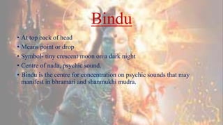 Bindu
• At top back of head
• Means point or drop
• Symbol- tiny crescent moon on a dark night
• Centre of nada, psychic sound.
• Bindu is the centre for concentration on psychic sounds that may
manifest in bhramari and shanmukhi mudra.
 