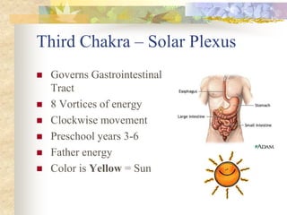 Third Chakra – Solar Plexus
   Governs Gastrointestinal
    Tract
   8 Vortices of energy
   Clockwise movement
   Preschool years 3-6
   Father energy
   Color is Yellow = Sun
 