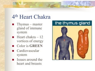 4th Heart Chakra
   Thymus – master
    gland of immune
    system
   Heart chakra – 12
    vortices of energy
   Color is GREEN
   Cardiovascular
    system
   Issues around the
    heart and breasts
 
