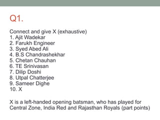 Q1.
Connect and give X (exhaustive)
1. Ajit Wadekar
2. Farukh Engineer
3. Syed Abed Ali
4. B.S Chandrashekhar
5. Chetan Chauhan
6. TE Srinivasan
7. Dilip Doshi
8. Utpal Chatterjee
9. Sameer Dighe
10. X
X is a left-handed opening batsman, who has played for
Central Zone, India Red and Rajasthan Royals (part points)
 