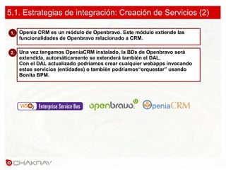 Openia CRM es un módulo de Openbravo. Este módulo extiende las
funcionalidades de Openbravo relacionado a CRM.
1.
Una vez tengamos OpeniaCRM instalado, la BDs de Openbravo será
extendida, automáticamente se extenderá también el DAL.
Con el DAL actualizado podríamos crear cualquier webapps invocando
estos servicios (entidades) o también podríamos“orquestar” usando
Bonita BPM.
2.
5.1. Estrategias de integración: Creación de Servicios (2)
 