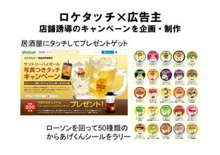 ロケタッチ×広告主
  店舗誘導のキャンペーンを企画・制作
居酒屋にタッチしてプレゼントゲット




    ローソンを回って50種類の
    からあげくんシールをラリー
 
