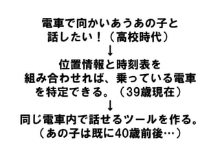 電車で向かいあうあの子と
  話したい！（高校時代）
       ↓
   位置情報と時刻表を
組み合わせれば、乗っている電車
 を特定できる。（39歳現在）
       ↓
同じ電車内で話せるツールを作る。
 （あの子は既に40歳前後…）
 