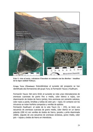 29
Secuencia de lavas
andesíticas (volcánicos
Chocolate).
Intrusivos dioríticos,
Tiabaya
Mozodiorítas, Linga
Foto 1: vista al norte, volcánicos Chocolate en contacto con las dioritas – tonalitas
de la súper unidad Tiabaya.
Grupo Yura (Titoniano): Extendiéndose al suroeste del prospecto se han
identificado dos formaciones del grupo Yura, la Formación Yauca y Hualhuani.
Formación Yauca: Del cerro Orión al suroeste se nota unas intercalaciones de
areniscas cuarzosas de grano fino a medio, color blanco a rojizo, con
diseminación de óxidos de hierro (pirita), limo areniscas con cemento calcáreo,
color rojizo a pardo, limolitas y lutitas de color gris – rojizo. En contacto con los
intrusivos se notan horfelns compactos y venillas de epidota.
Formación Hualhuani: al oeste de la veta Tauro (Js – 143), se tiene una
secuencia de areniscas cuarzosa de grano medio, color blanco en un banco
potente (200 m) con venillas de óxidos de hierro, jarosita y pirita diseminada
(débil), seguido de una secuencia de areniscas arcósicas, grano medio, color
gris – rojizas y óxidos de hierro en intersticios.
 