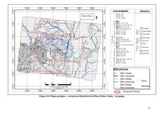 33
Figura 10: Mapa geológico – estructural distrital de la Mina Orión, Chala - Arequipa.
Mina Orión
Propiedad Minera
 