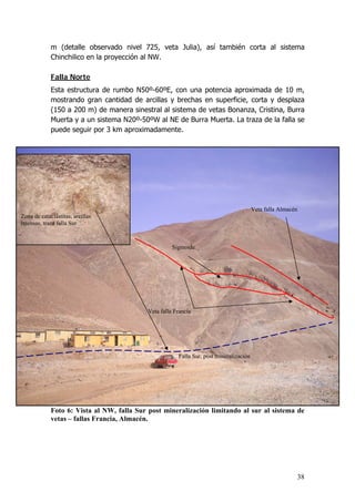 38
m (detalle observado nivel 725, veta Julia), así también corta al sistema
Chinchilico en la proyección al NW.
Falla Norte
Esta estructura de rumbo N50º-60ºE, con una potencia aproximada de 10 m,
mostrando gran cantidad de arcillas y brechas en superficie, corta y desplaza
(150 a 200 m) de manera sinestral al sistema de vetas Bonanza, Cristina, Burra
Muerta y a un sistema N20º-50ºW al NE de Burra Muerta. La traza de la falla se
puede seguir por 3 km aproximadamente.
Foto 6: Vista al NW, falla Sur post mineralización limitando al sur al sistema de
vetas – fallas Francia, Almacén.
Zona de cataclástitas, arcillas
intensas, traza falla Sur
Veta falla Almacén
Falla Sur, post mineralización
Sigmoide
Veta falla Francia
 