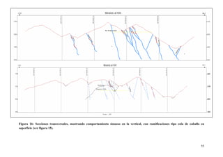 55
Figura 16: Secciones transversales, mostrando comportamiento sinuoso en la vertical, con ramificaciones tipo cola de caballo en
superficie (ver figura 15).
 