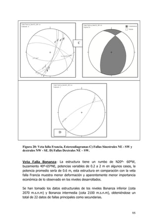 66
Figura 20: Veta falla Francia, Estereodiagramas C) Fallas Sinestrales NE - SW y
dextrales NW - SE. D) Fallas Dextrales NE – SW.
Veta Falla Bonanza: La estructura tiene un rumbo de N20º- 60ºW,
buzamiento 40º-65ºNE, potencias variables de 0.2 a 2 m en algunos casos, la
potencia promedio sería de 0.6 m, esta estructura en comparación con la veta
falla Francia muestra menor deformación y aparentemente menor importancia
económica de lo observado en los niveles desarrollados.
Se han tomado los datos estructurales de los niveles Bonanza inferior (cota
2070 m.s.n.m) y Bonanza intermedia (cota 2100 m.s.n.m), obteniéndose un
total de 22 datos de fallas principales como secundarias.
C
D
 