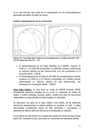 71
en la veta Francia, esto parte de la interpretación de los estereodiagramas
generados del ploteo de datos de campo.
Análisis independiente de los estéreonet.
Figura 23: Veta falla Burra Muerta, Estereodiagramas A) Fallas dextrales NW –
SE. D) Fallas dextrales NE – SW.
• El estereodiagrama de las fallas dextrales N a N60ºW, muestra σ1
(196/17) y σ3 (307/49) horizontales, σ2 (093/36) vertical, evidenciando
un esfuerzo efectivo de tipo transcurrente, con una compresión en la
dirección N16ºE – S16ºW.
• El estereodiagrama de las fallas N 20º-40ºE de comportamiento dextral,
muestran σ1 (249/11) y σ3 (344/21) horizontales, σ2 (134/66) vertical,
determinando un esfuerzo efectivo de tipo transcurrente, con
compresión en la dirección N69ºE – S69ºW.
Veta Falla Gallera: La veta tiene un rumbo de N40ºW buzando 76ºNE,
manteniendo potencias variables de 0.2 a 0.6 m, mostrando un relleno de
óxidos y arcillas (hematita, jarosita, caolín), existen una serie de estructuras
subparalelas correspondientes al sistema gallera en esta labor.
Se obtuvieron los datos de la labor Gallera (nivel 2020), de las diferentes
estructuras pertenecientes al sistema gallera, se recolecto en total 4 datos
estructurales considerando planos de falla principales y secundarios, el
desarrollo de labores sobre las estructuras mineralizadas es reducido.
En los planos de falla NW-SE se ha observado estrías de fricción de bajo ángulo
(pitch 30º, inclinación al SE), esto indica un movimiento de naturaleza dextral.
DA
 