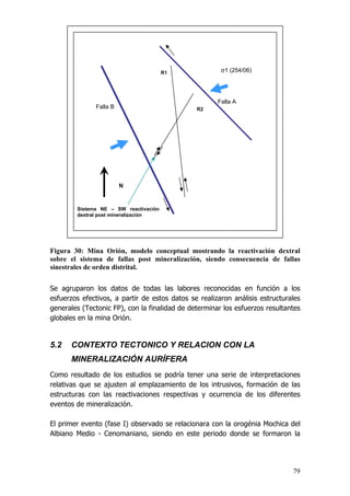 79
Figura 30: Mina Orión, modelo conceptual mostrando la reactivación dextral
sobre el sistema de fallas post mineralización, siendo consecuencia de fallas
sinestrales de orden distrital.
Se agruparon los datos de todas las labores reconocidas en función a los
esfuerzos efectivos, a partir de estos datos se realizaron análisis estructurales
generales (Tectonic FP), con la finalidad de determinar los esfuerzos resultantes
globales en la mina Orión.
5.2 CONTEXTO TECTONICO Y RELACION CON LA
MINERALIZACIÓN AURÍFERA
Como resultado de los estudios se podría tener una serie de interpretaciones
relativas que se ajusten al emplazamiento de los intrusivos, formación de las
estructuras con las reactivaciones respectivas y ocurrencia de los diferentes
eventos de mineralización.
El primer evento (fase I) observado se relacionara con la orogénia Mochica del
Albiano Medio - Cenomaniano, siendo en este periodo donde se formaron la
Falla A
Falla B
N
σ1 (254/06)R1
R2
Sistema NE – SW reactivación
dextral post mineralización
 