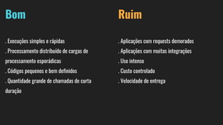 Bom
. Execuções simples e rápidas
. Processamento distribuído de cargas de
processamento esporádicas
. Códigos pequenos e bem definidos
. Quantidade grande de chamadas de curta
duração
Ruim
. Aplicações com requests demorados
. Aplicações com muitas integrações
. Uso intenso
. Custo controlado
. Velocidade de entrega
 