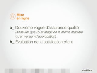 Mise
6   en ligne

a_ Deuxième vague d’assurance qualité
    (s’assurer que l’outil réagit de la même manière
    qu’en version d’approbation)
b_ Évaluation de la satisfaction client
 