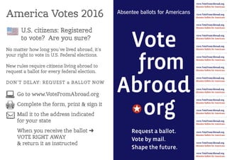 AmericaVotes2016
U.S.citizens:Registered
tovote?Areyousure?
Nomatterhowlongyou'velivedabroad,it’s
yourrighttovoteinU.S.Federalelections.
Newrulesrequirecitizenslivingabroadto
rrequestaballotforeveryfederalelection.
DON’TDELAY:REQUESTaBALLOTNOW
Gotowww.VoteFromAbroad.org
Completetheform,print&signit
Mailittotheaddressindicated
foryourstate
Whenyoureceivetheballot➜
VOTERIGHTAWAY
&&returnitasinstructed
 