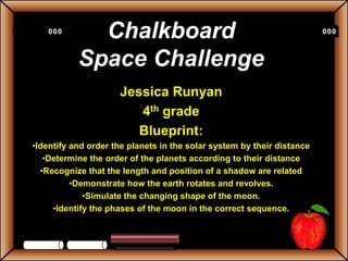 000
   000       Chalkboard                                                 000
                                                                        000



           Space Challenge
                     Jessica Runyan
                        4th grade
                        Blueprint:
•Identify and order the planets in the solar system by their distance
   •Determine the order of the planets according to their distance
  •Recognize that the length and position of a shadow are related
          •Demonstrate how the earth rotates and revolves.
             •Simulate the changing shape of the moon.
     •Identify the phases of the moon in the correct sequence.
 