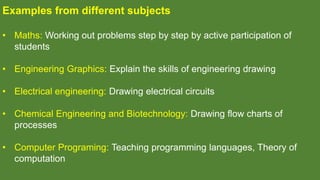 Examples from different subjects
• Maths: Working out problems step by step by active participation of
students
• Engineering Graphics: Explain the skills of engineering drawing
• Electrical engineering: Drawing electrical circuits
• Chemical Engineering and Biotechnology: Drawing flow charts of
processes
• Computer Programing: Teaching programming languages, Theory of
computation
 