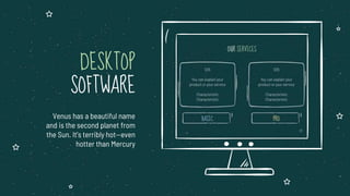 DESKTOP
SOFTWARE
Venus has a beautiful name
and is the second planet from
the Sun. It’s terribly hot—even
hotter than Mercury
 