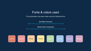 Fonts & colors used
This presentation has been made using the following fonts:
Sue Ellen Francisco
(https://fonts.google.com/specimen/Sue+Ellen+Francisco)
Barlow Semi Condensed
(https://fonts.google.com/specimen/Barlow+Semi+Condensed)
#ea9999 #f9cb9c #ffe599
#dd7e6b #b6d7a8 #9fc5e8 #b4a7d6 #d5a6bd
 