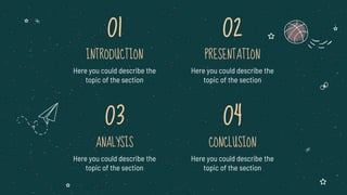 Here you could describe the
topic of the section
Here you could describe the
topic of the section
02
INTRODUCTION PRESENTATION
01
ANALYSIS
Here you could describe the
topic of the section
03
Here you could describe the
topic of the section
04
CONCLUSION
 