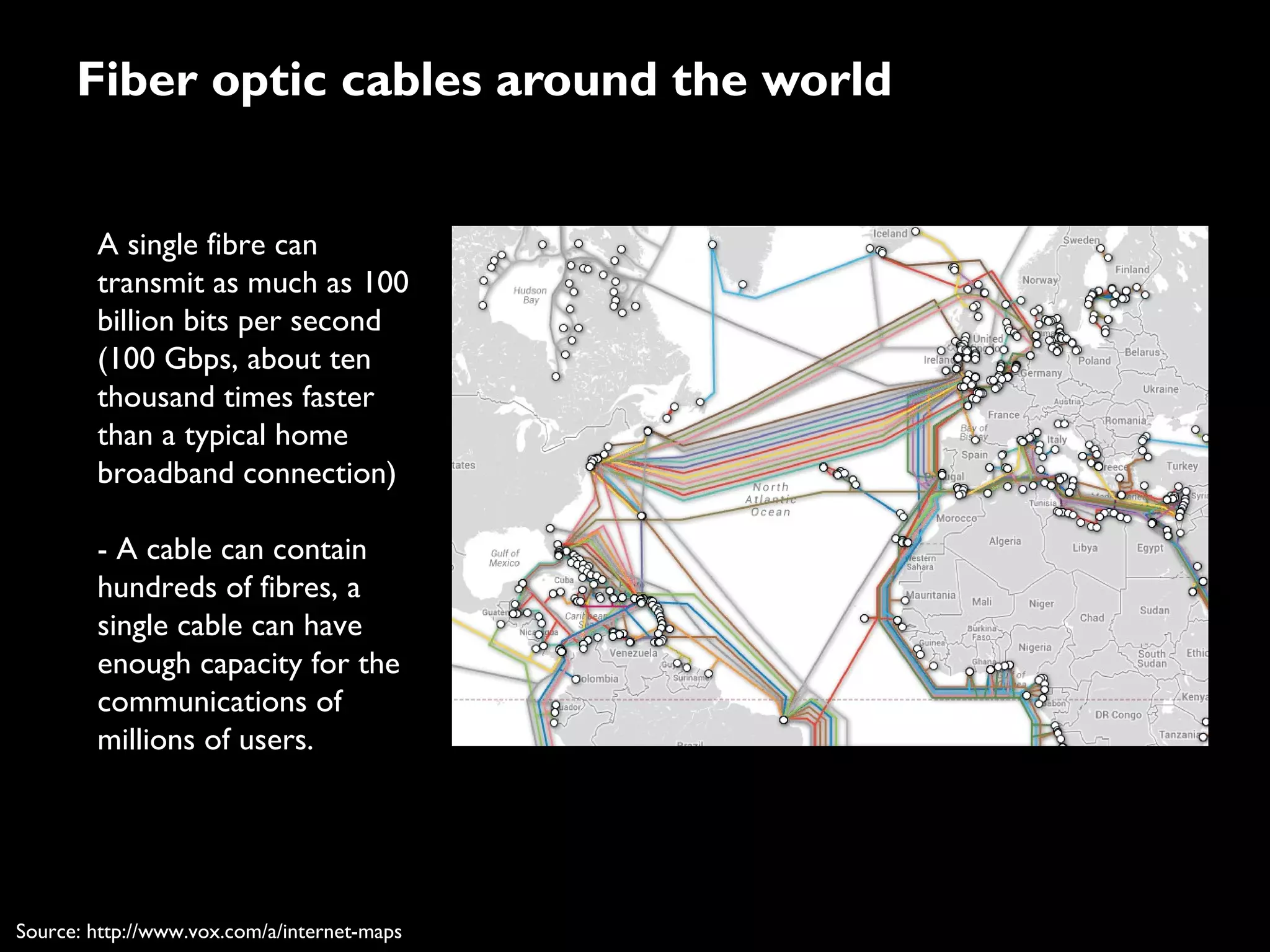 Fiber optic cables around the world
A single fibre can
transmit as much as 100
billion bits per second
(100 Gbps, about ten
thousand times faster
than a typical home
broadband connection)
- A cable can contain
hundreds of fibres, a
single cable can have
enough capacity for the
communications of
millions of users.
Source: http://www.vox.com/a/internet-maps
Source: http://www.vox.com/a/internet-maps
 