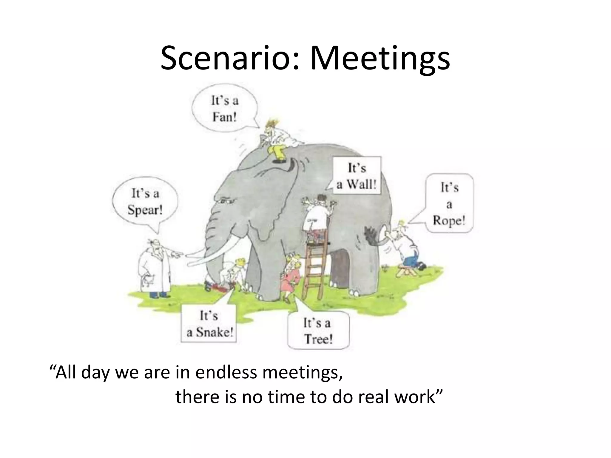 Scenario: Meetings




“All day we are in endless meetings,
                there is no time to do real work”
 
