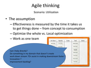 Agile thinking
                          Scenario: Utilization

• The assumption
  – Effectiveness is measured by the time it takes us
    to get things done – from concept to consumption
  – Optimize the whole vs. Local optimization
  – Work as one team


  Can I help directly?
  Do something in my domain that doesn’t create
  work down stream ?Or assist in making downstream faster ?
  Innovation ?
  Improvement backlog?
 